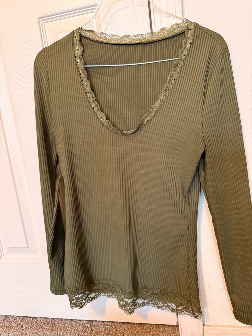 Source Unknown Olive Ribbed Lace-Trim Long Sleeve Top